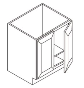 3D drawing of a cabinet with one door open, showing shelves inside.